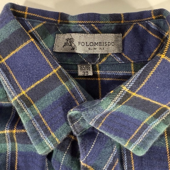 Polomeisdo Button Up Men's Medium Plaid Green Navy Yellow Slim Fit Sz 39 Europe - Picture 1 of 7